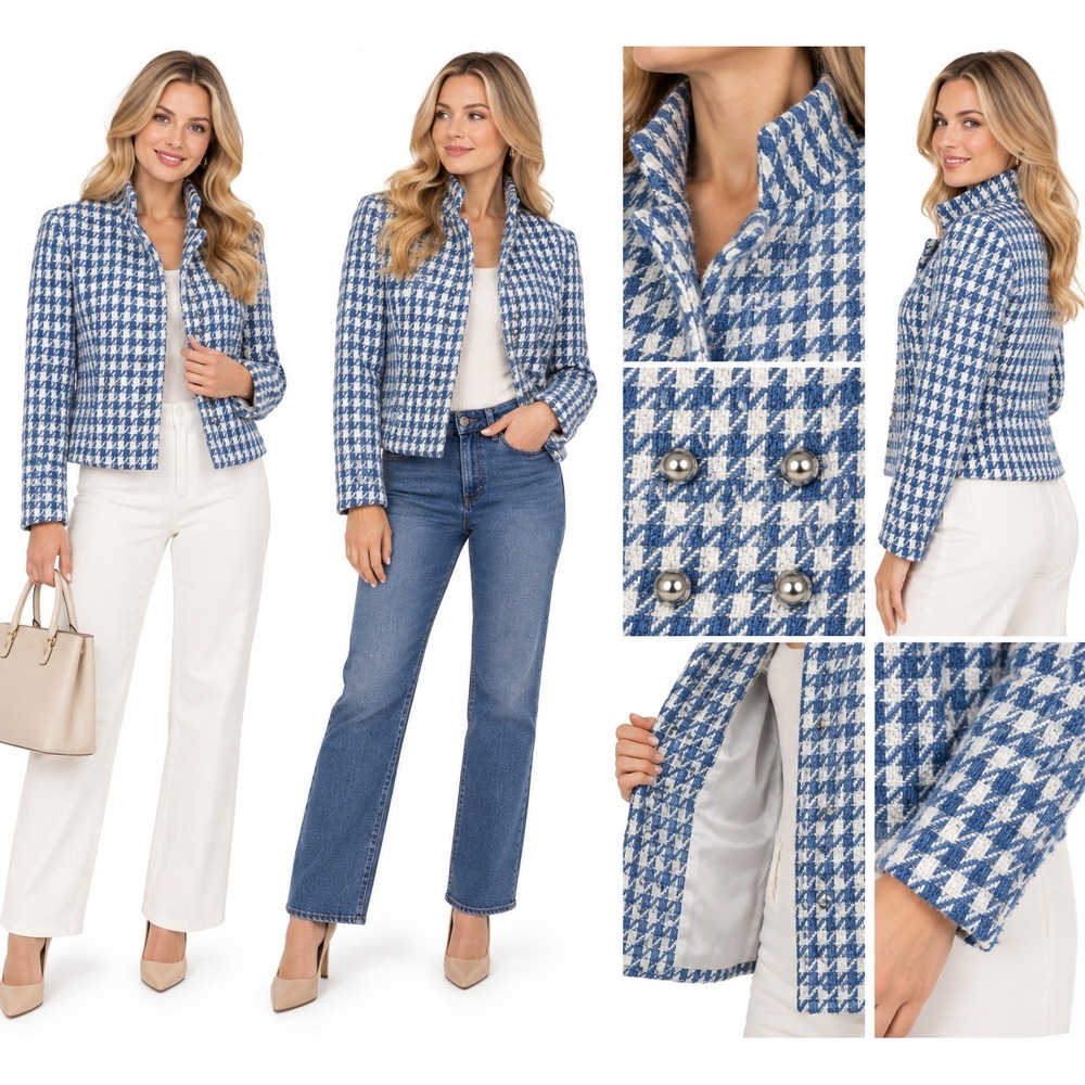 Nanette Lepore 10 Blazer Blue White Houndstooth Tweed Double Breasted Preppy